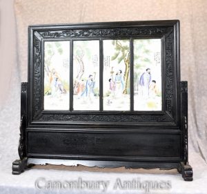 Chinese Famille Rose Porcleain Plaque Carved Hardwood