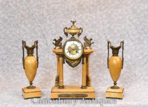 French Empire Marble Gilt Mantle Clock Set with Garniture