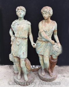 Pair Antique Victorian Cast Iron Roman Garden Statues Figurines Circa 1860