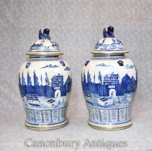 Pair Blue and White Porcelain Lidden Urns Chinese Kangxi Jars