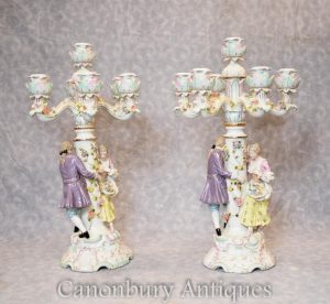 Pair German Meissen Porcelain Figurine Candelabras Candles