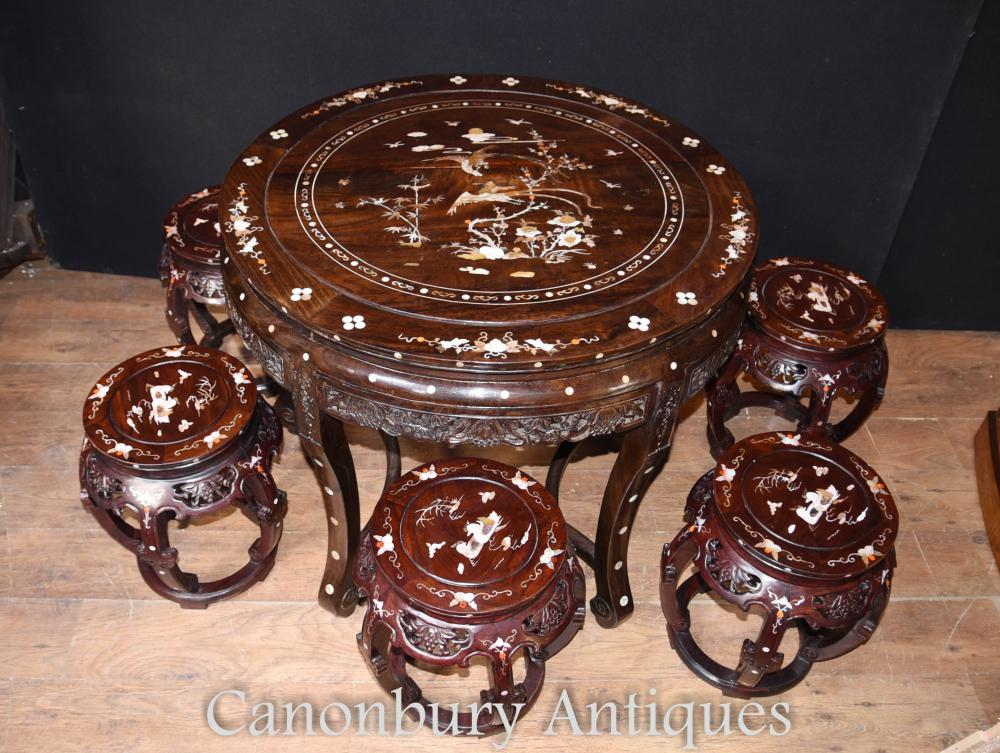 Chinese Table and Chairs - Antique Dining Set Hardwood Mother of Pearl Inlay