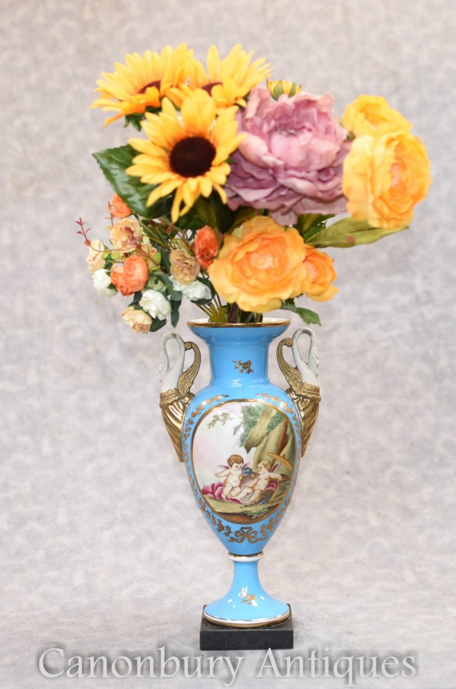 Sevres Porcelain Urn - Single Swan Handle French China Vase