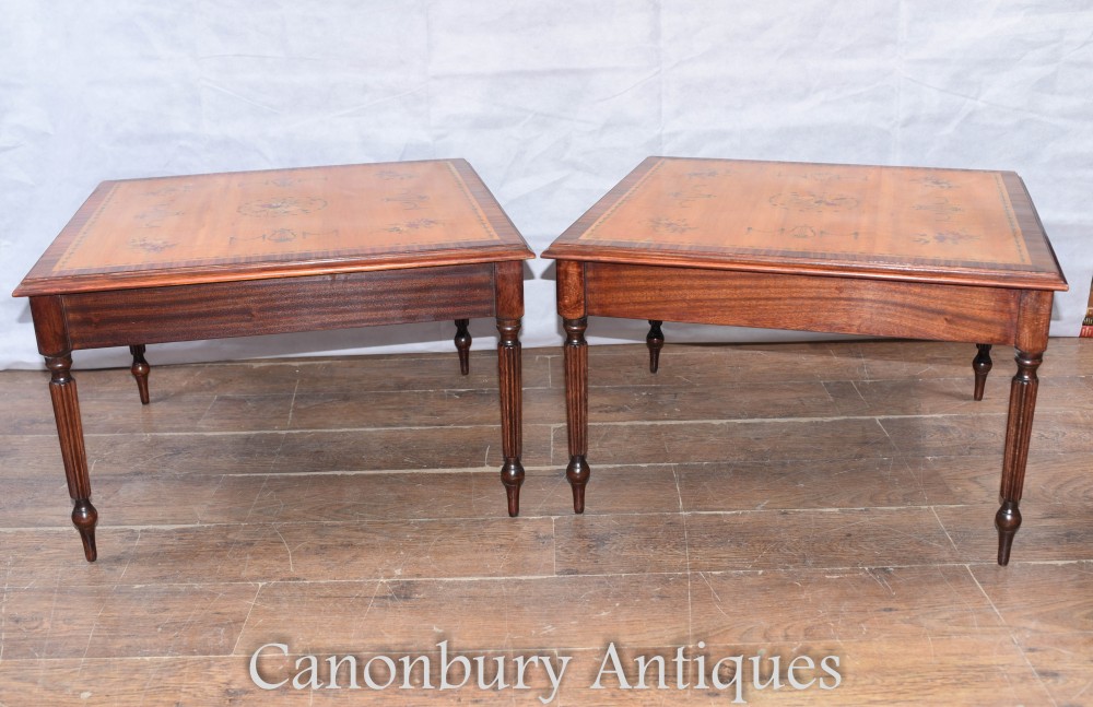 Pair Sheraton Satinwood Side Tables - Painted Floral Motifs
