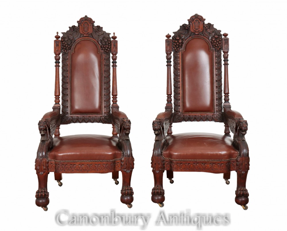 Pair Carved Library Arm Chairs Italian Renaissance Thrones 1880