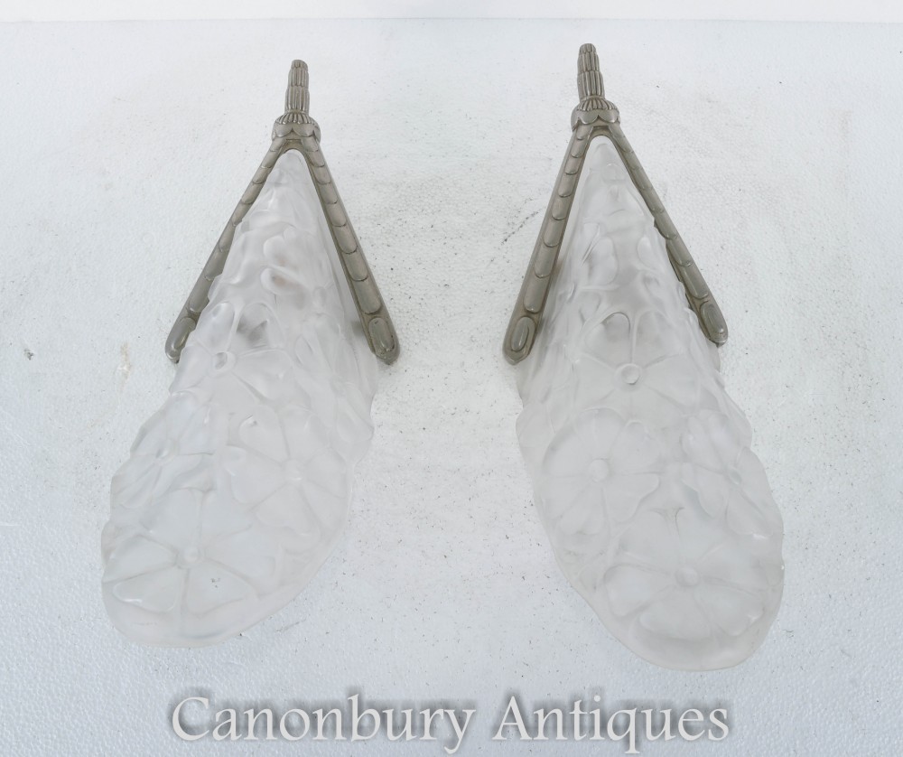 Art Deco Sconces Frosted Glass Signed Degue Wall Lights
