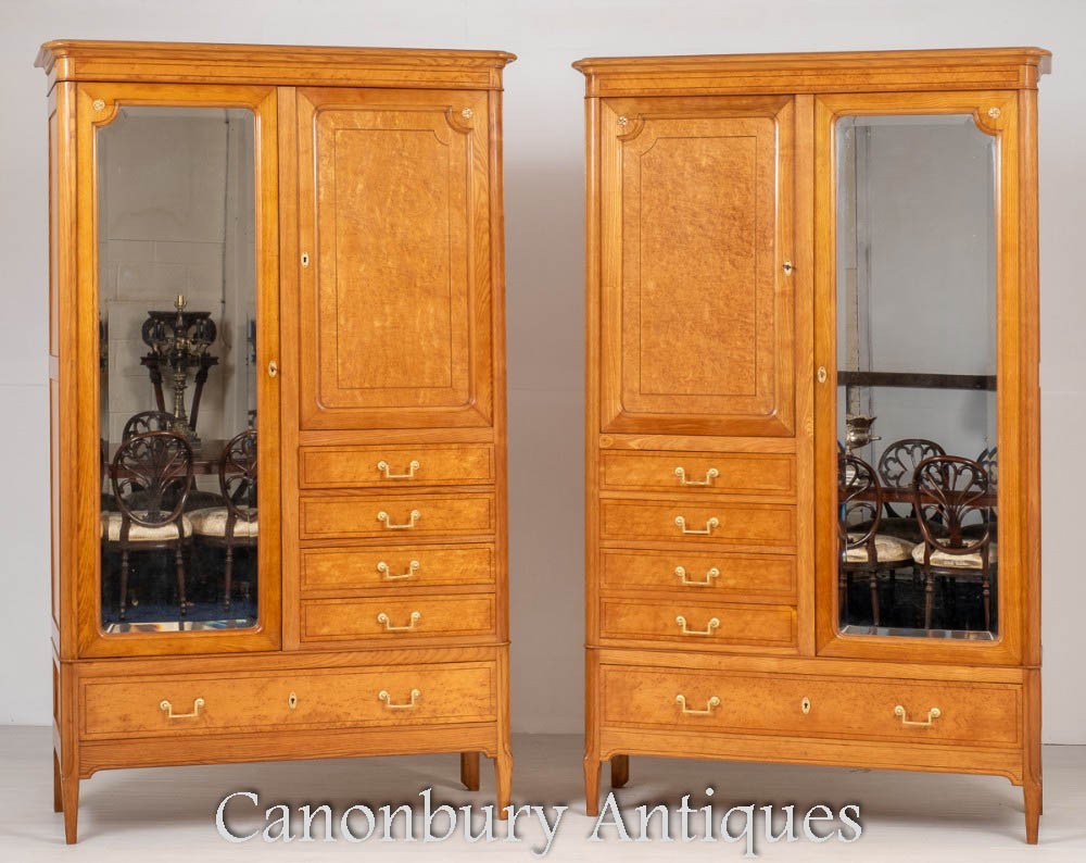 Pair French Wardrobes Antique Closet Armoire Maple 1860