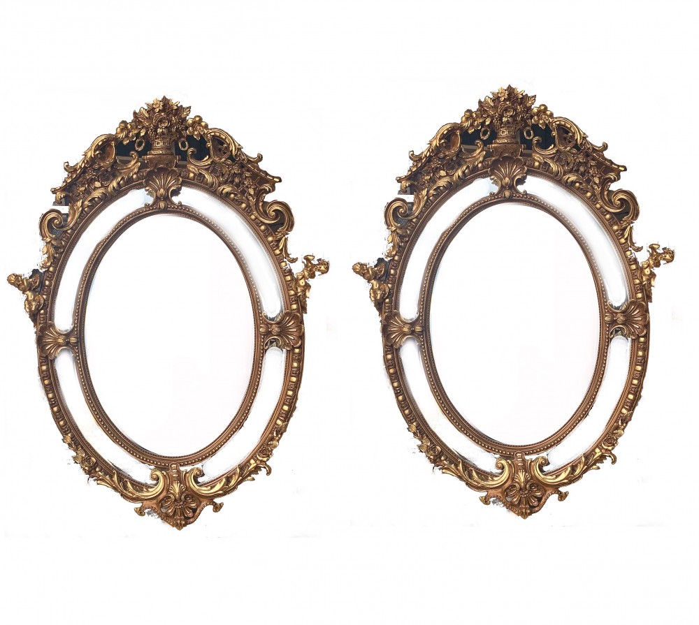 Pair Large Gilt Mirrors - Oval Louis XVI Rococo