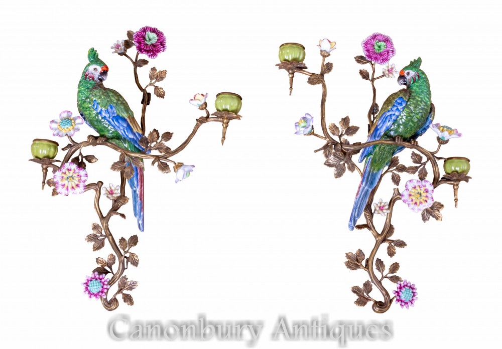 French Parrot Wall Lights - Porcelain Ormolu Tropical Bird Candelabras