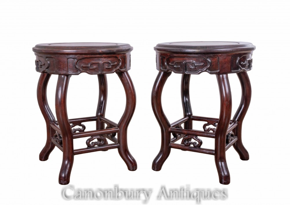Pair Antique Chinese Urn Tables - Pedestal Stands Circa 1920