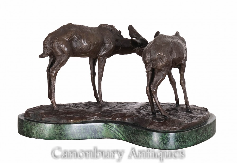 Pair Bronze Deer Statues - Doe Stag Animal Castings