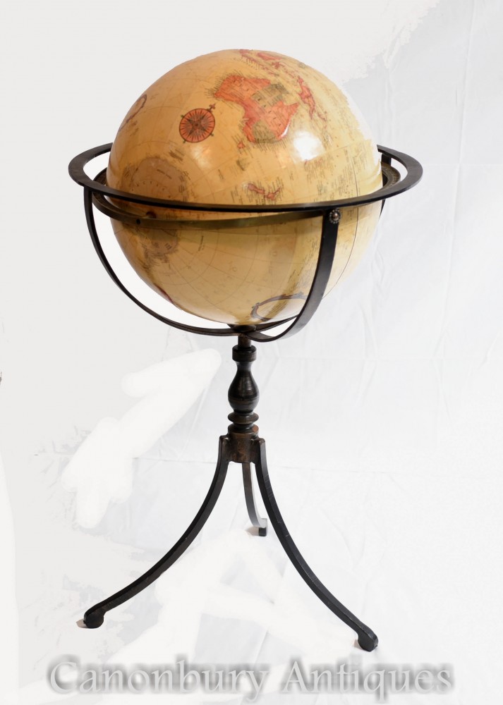 Antique Globe on Bronze Stand - World Map 1930