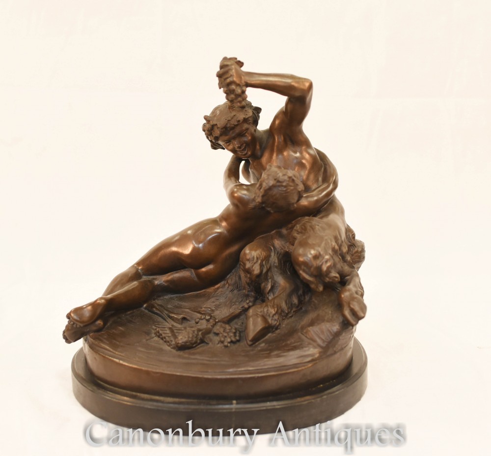 Classical Bronze Pan and Female Nude Statue - Roman Myth Figurine