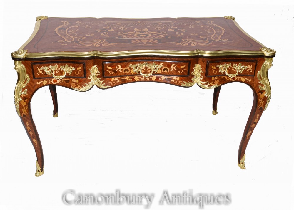 French Empire Bureau Plat Desk - Marquetry Inlay Writing Table