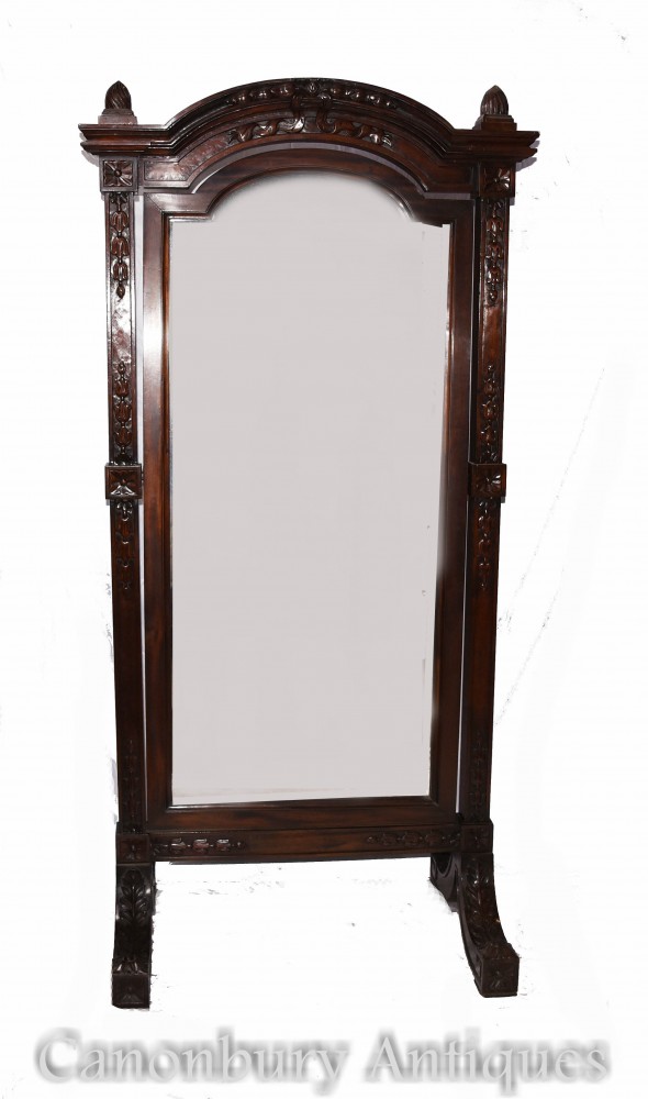 Large French Cheval Mirror - Antique Mahogany Glass Mirrors