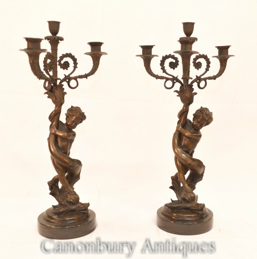 Pair Bronze Cherub Candelabras - French Candle Casting Serpent