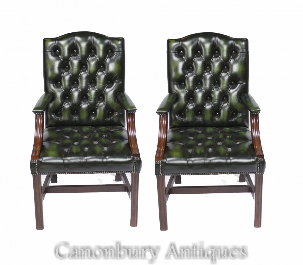 Pair Gainsborough Arm Chairs - Deep Button Leather Desk Seat Office