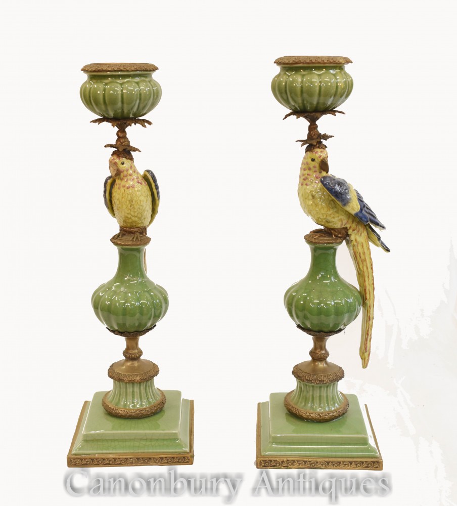 Pair Parrot Porcelain Candles Candelabras