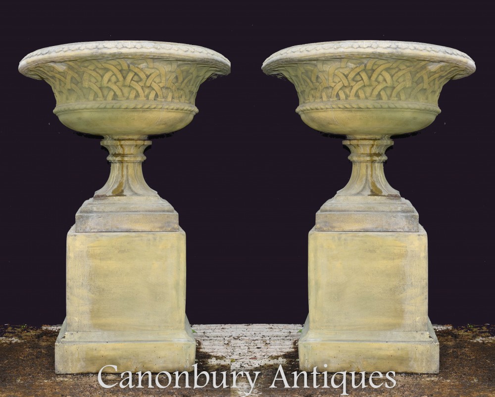 Pair Terracotta Garden Urns Pedestal - Classical Celtic Gothic