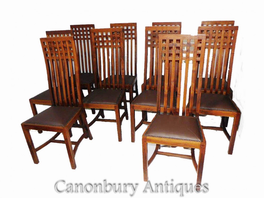 Set 10 Arts and Crafts Dining Chairs - Charles Rennie Mackintosh Manner 1910