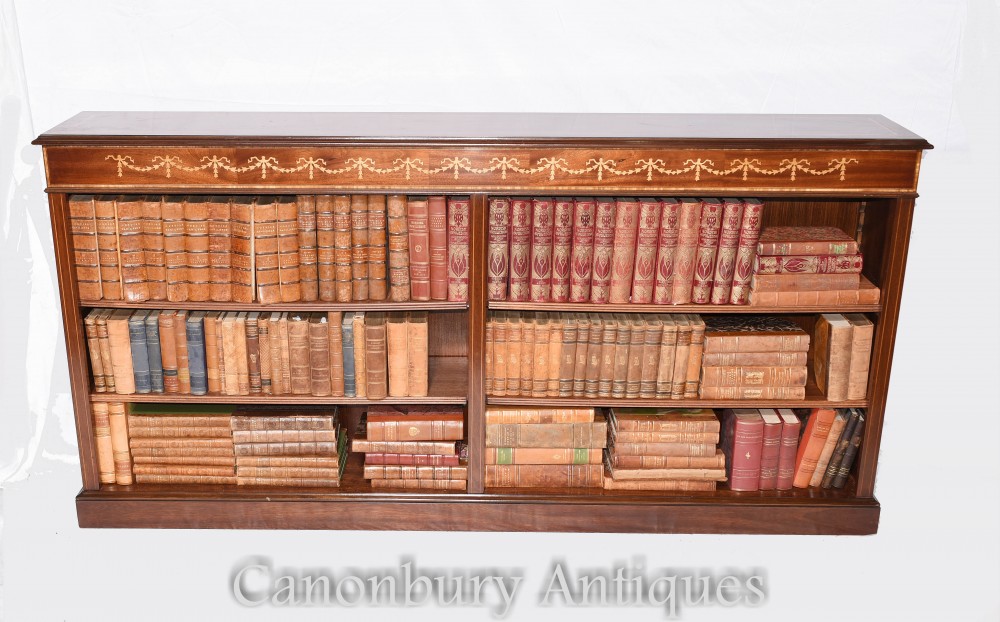 Wide Regency Open Bookcase - Mahogany Inlay Library Study