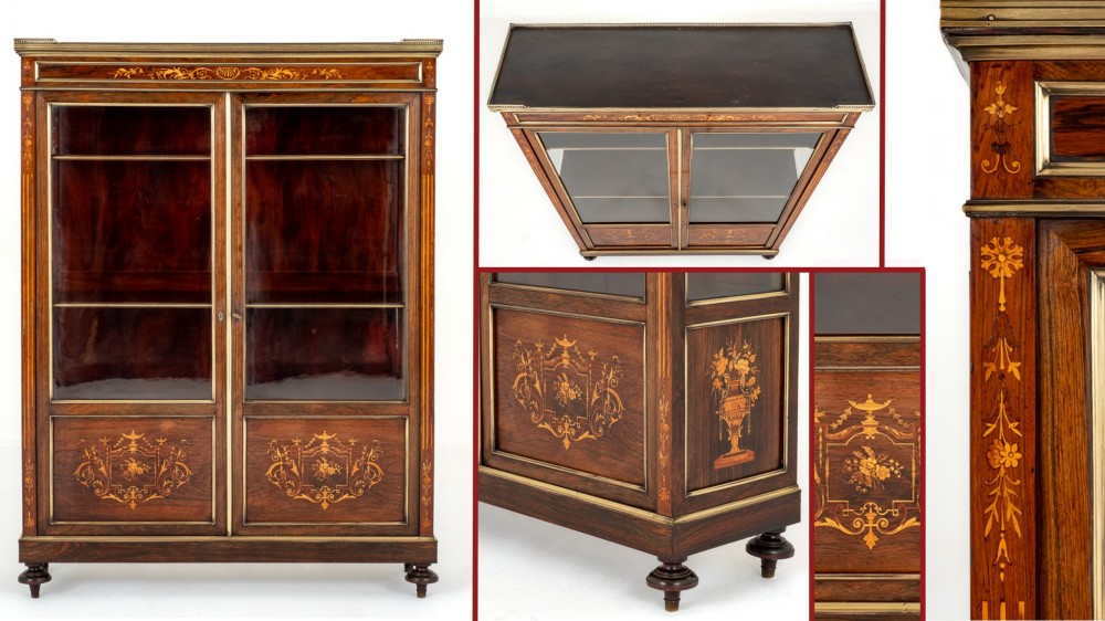 French Display Cabinet Vitrine Marquetry Inlay 1860