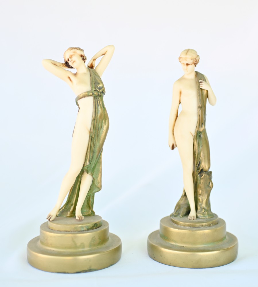 Pair Deco Aphrodite Figurines Ivorine Metal after Preiss