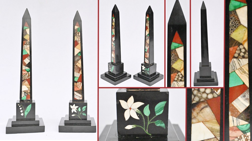 Pair Grand Tour Obelisks Marble Pietra Dura