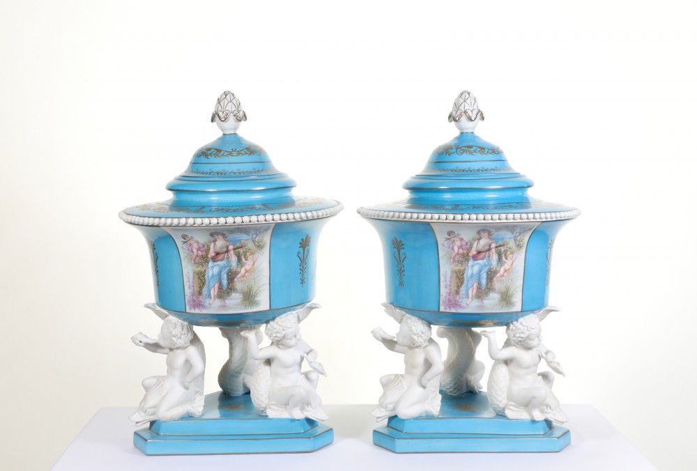 Pair Sevres Comports Vases Porcelain Bisque Cherubs