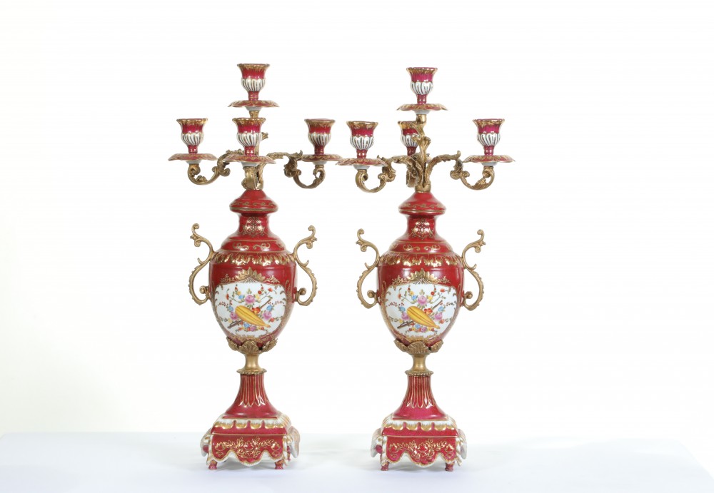 Pair Sevres Porcelain Candelabras Floral Urns Candles