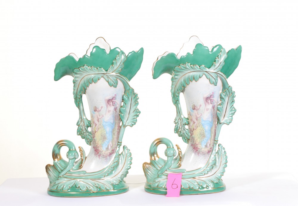 Pair Sevres Porcelain Vases Cornucopia Cherubs