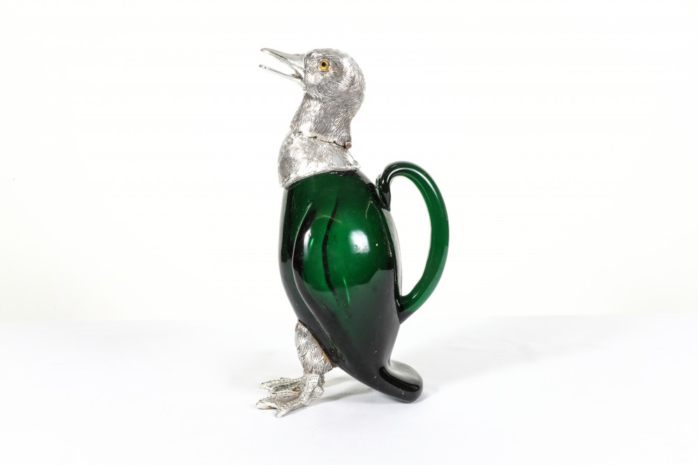 Sheffield Silver Plate Bird Decanter Jug Duck Glass