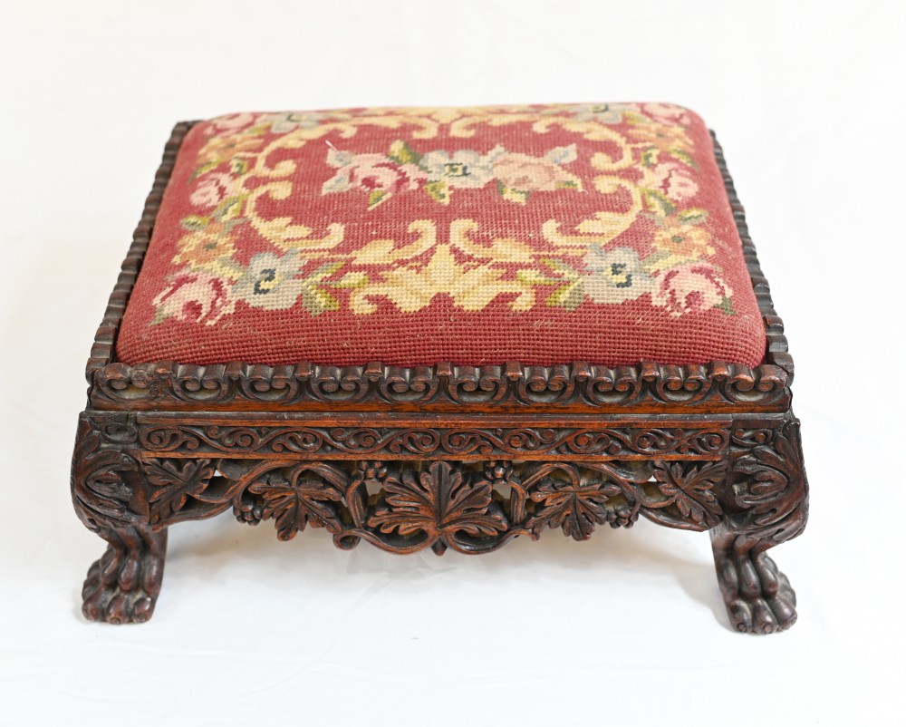 Carved Burmese Foot Stool Needlepoint Tapestry Burma Myanmar