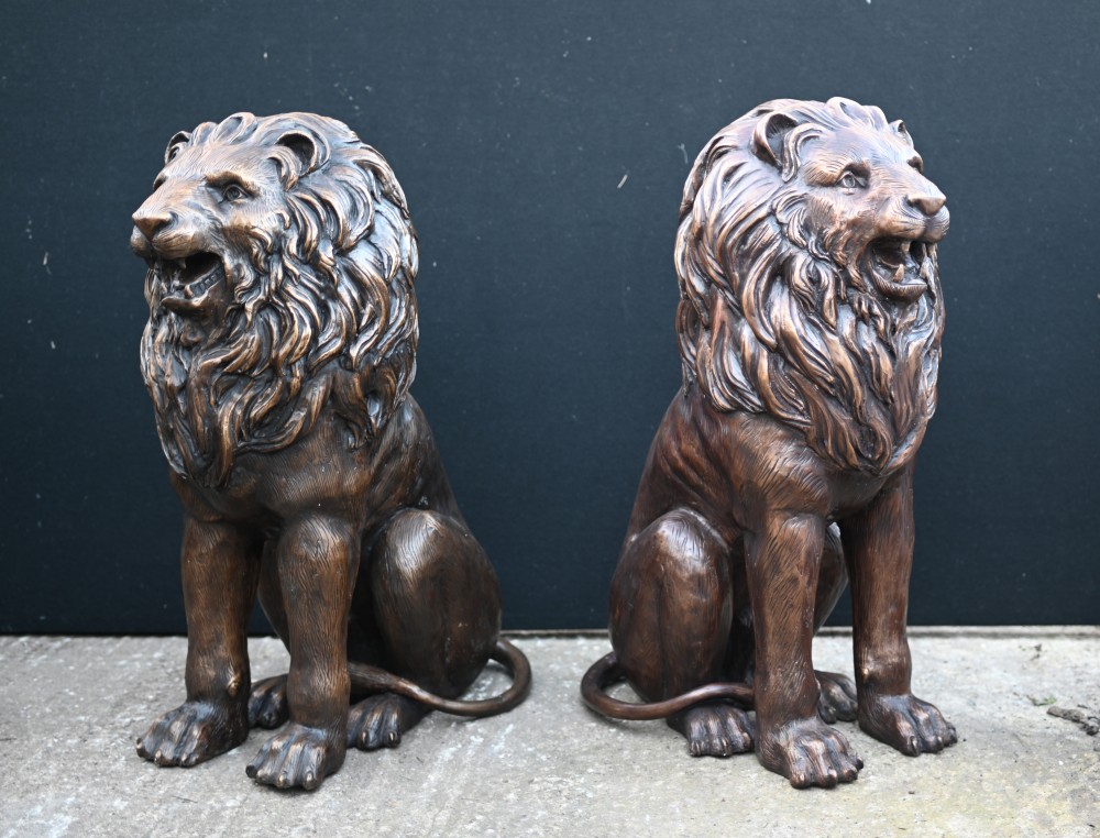 Pair Bronze Lion Gatekeeper Statues Canova Garden Cats