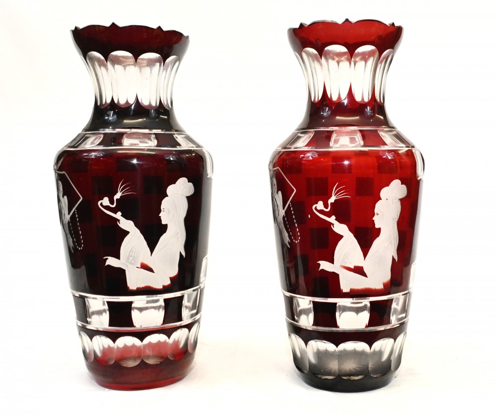 Pair French Bohemian Urns Ruby Cut Bohemian Classical