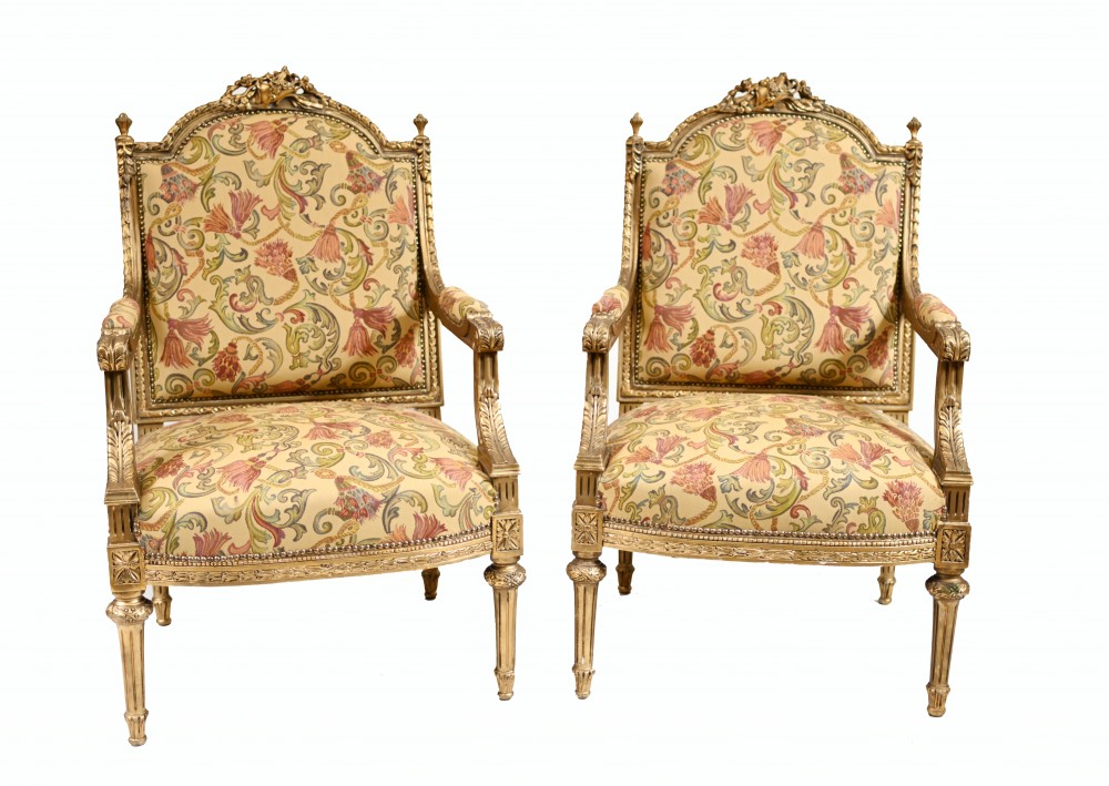 Pair French Gilt Arm Chairs Antique Fauteuil 1900