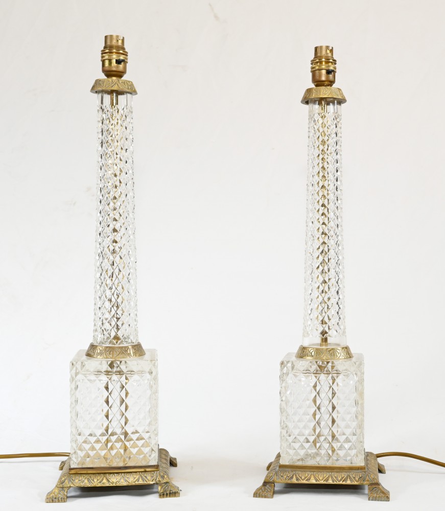 Pair Glass Table Lamps French Corinthian Columns Lights