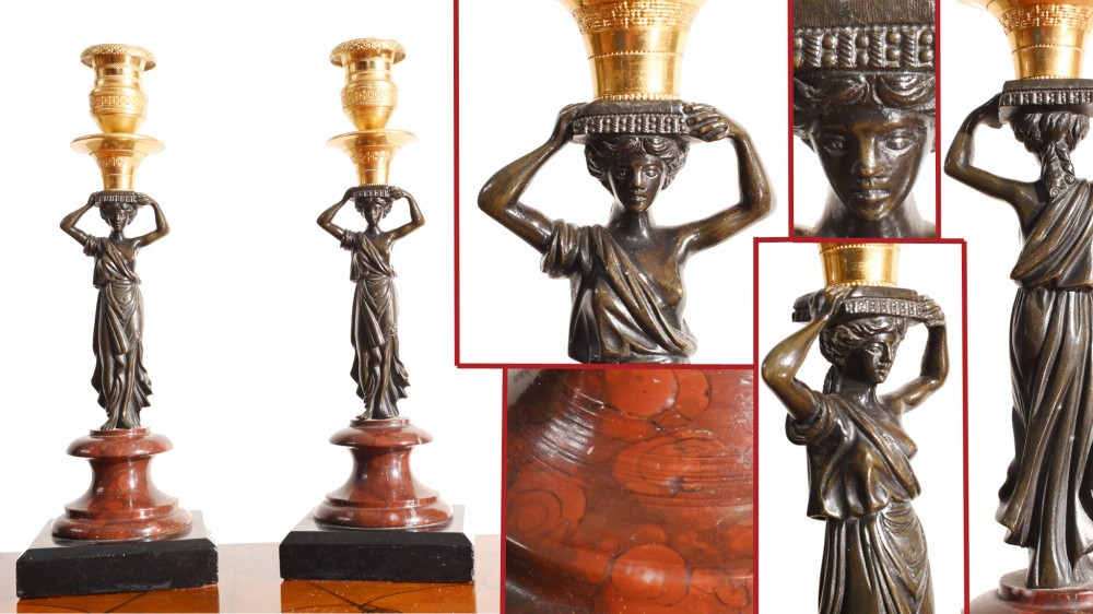 Pair Grand Tour Candelabras Marble Bronze Maiden 1840