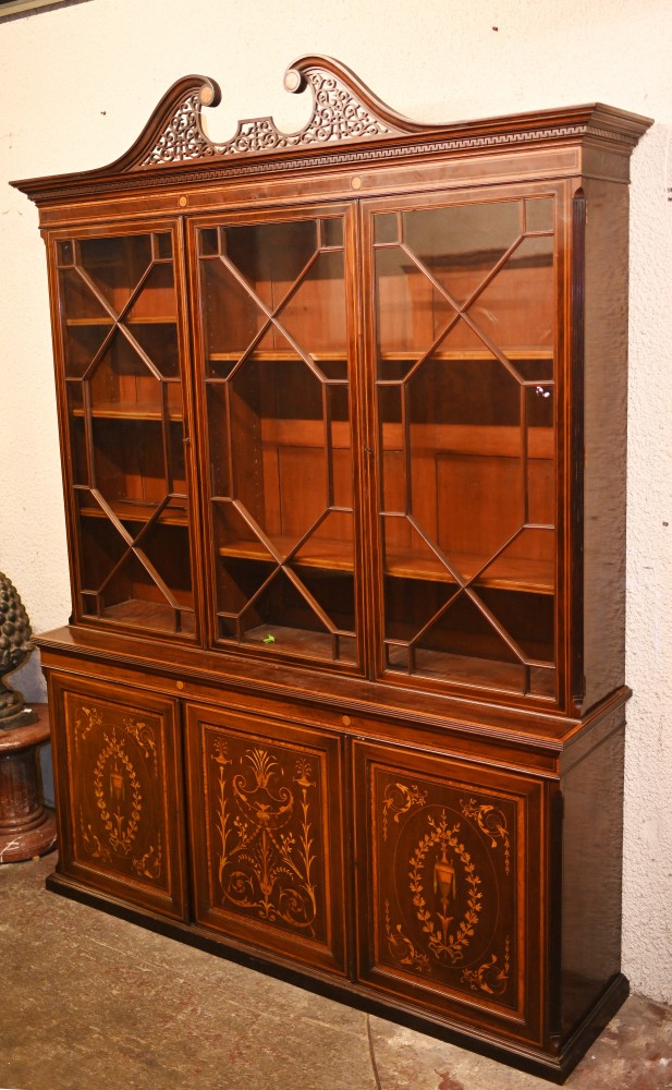 Sheraton Breakfront Bookcase Mahogany Marquetry Inlay