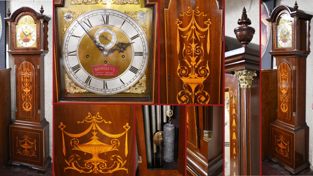 Sheraton Grandfather Clock Mahogany Inlay Resolute