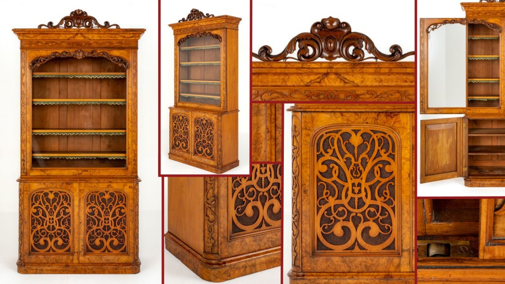 Victorian Bookcase Antique Walnut Cabinet 1860