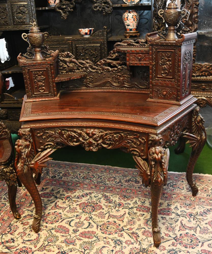 Japanese Carved Desk Writing Table Meiji Era Hardwood Asian 1860